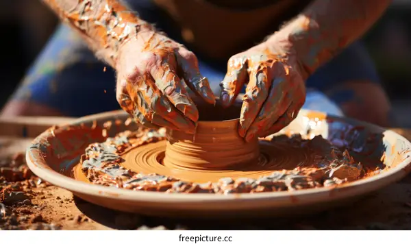 The potter's hands shape the clay on the spinning wheel