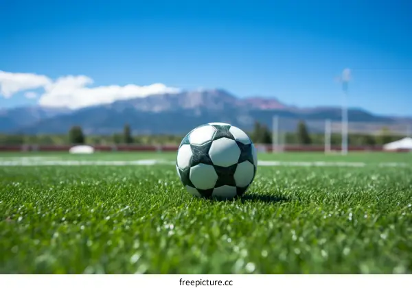 Close up of a soccer ball on a field with mountains in the distance