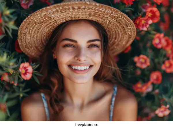 Smiling Woman in a Straw Hat among Flowers