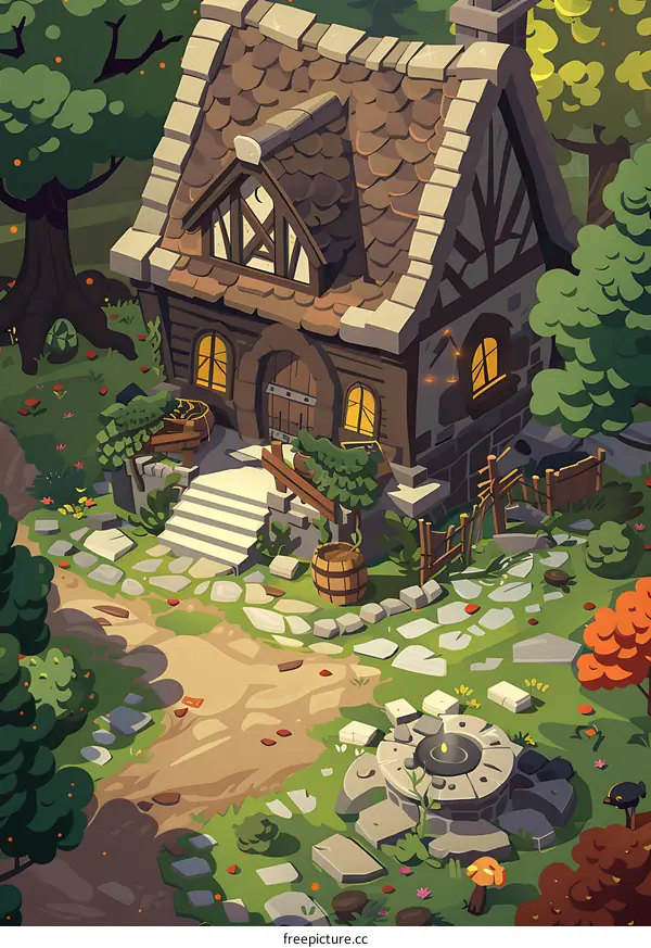 Isometric View of a Cottage with a Stone Well