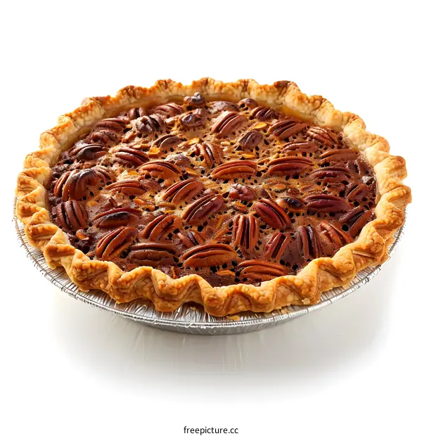 A delicious pecan pie sits on a white surface