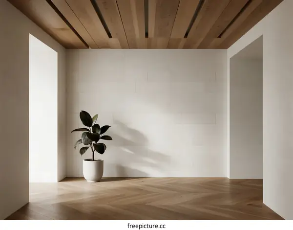 Minimalist interior space with wooden ceiling and white walls