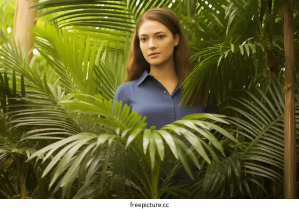 Portrait of a young woman standing in a lush green jungle setting