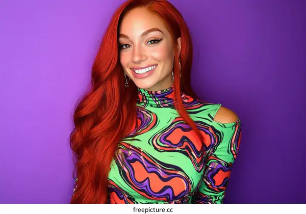 Young Woman with Vibrant Red Hair in Trendy Fashion Outfit
