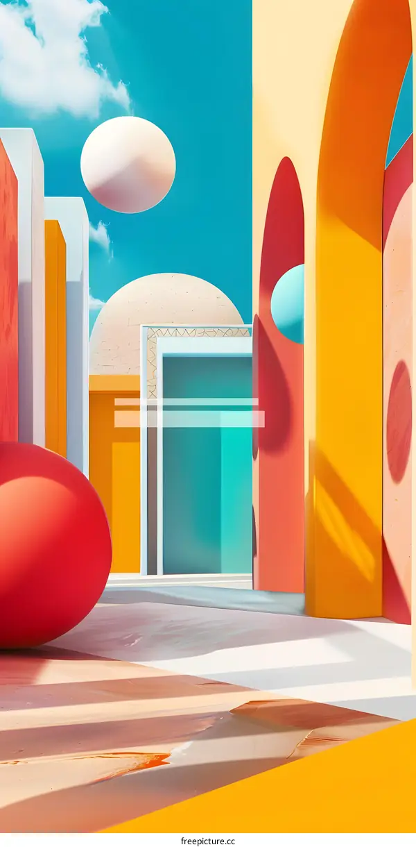 Abstract Minimalist Architecture with Colorful Shapes and Archways