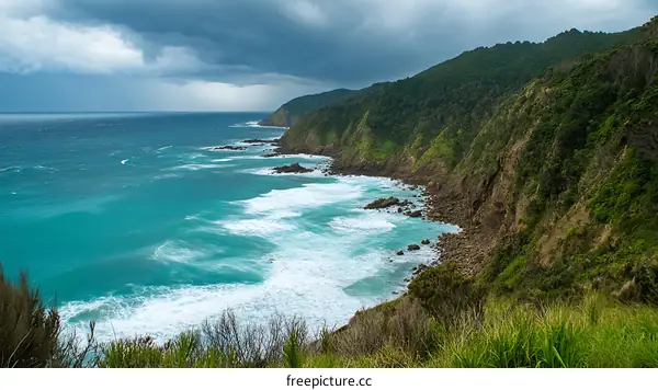 Stunning Coastal View With Dramatic Sky And Foamy Waves