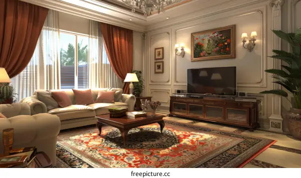 Luxurious Living Room Interior Design with Sofa, Rug, TV and Paintings