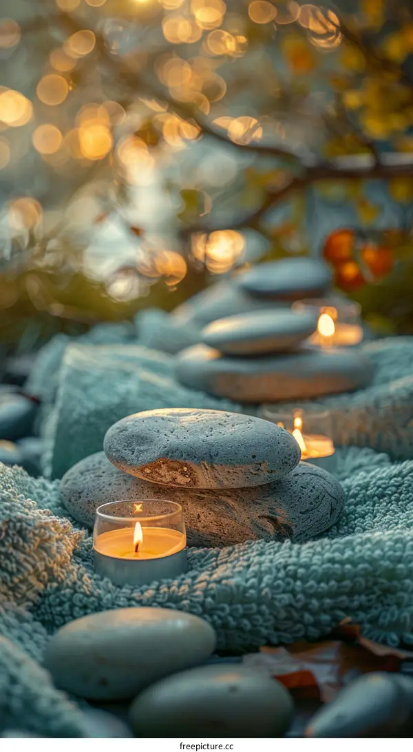 A stack of stones with a candle on top of it.