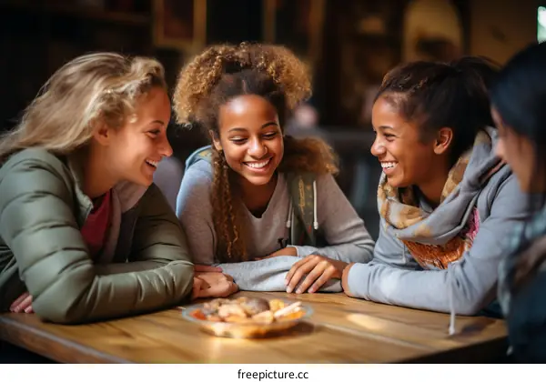 Three young women of African and European descent are sitting around a table in a restaurant, talking and laughing.