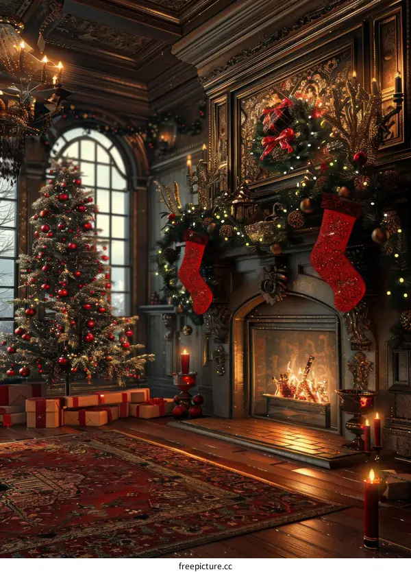 Christmas Tree by the Fireplace