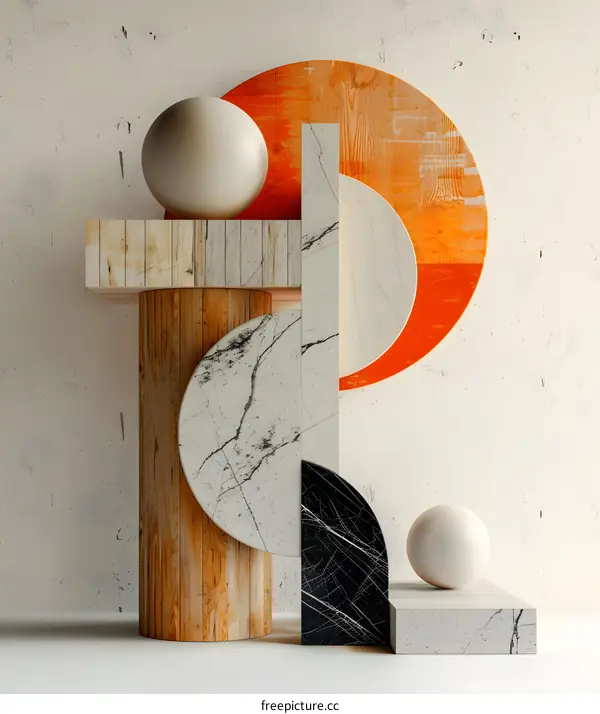 Abstract Geometric Composition with Wood and Marble