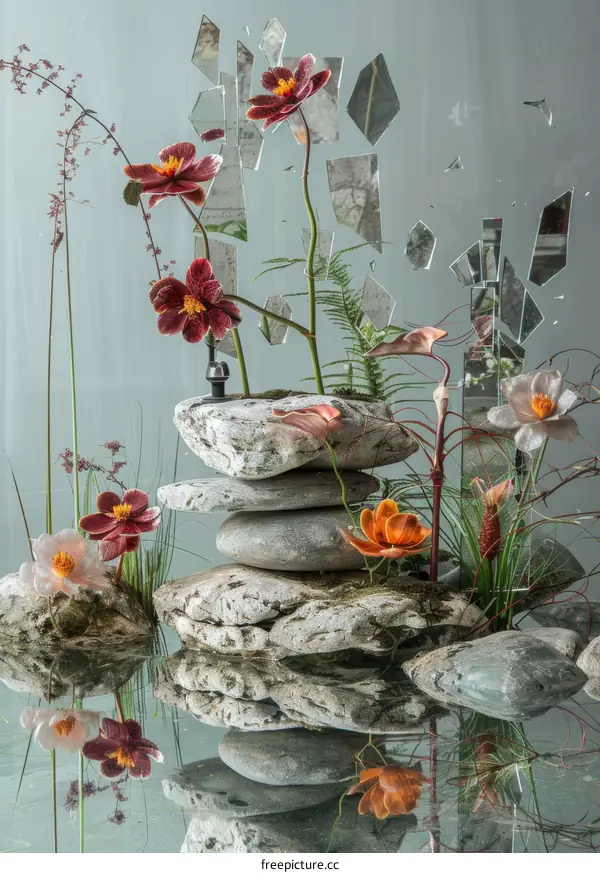Still life with stones, water, and flowers