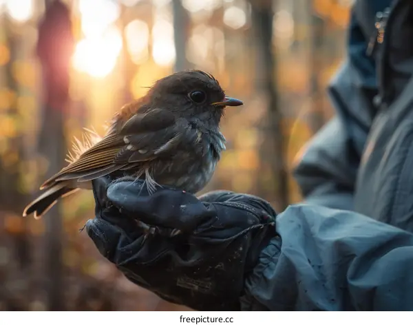 A small brown bird perches on a gloved hand