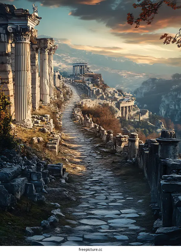 Ancient Ruins Path Leading to Temple on Hilltop with Sunset Sky