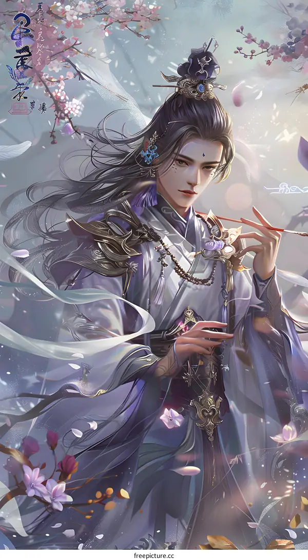 Fantasy Illustration of a Man in a Purple and Gold Outfit With Cherry Blossoms