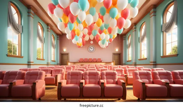 Pink auditorium with colorful balloons