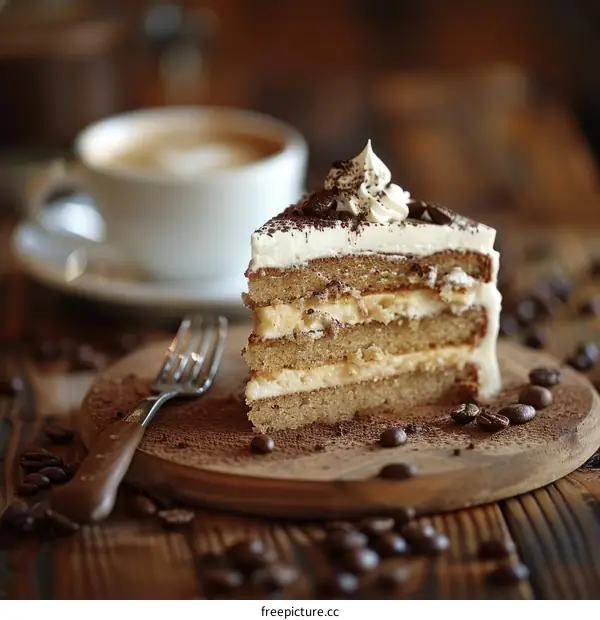 Tiramisu cake with coffee beans on a wooden board