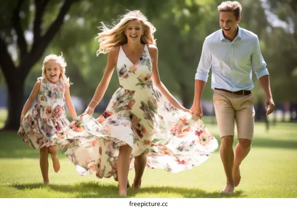 Happy family of three running in a field