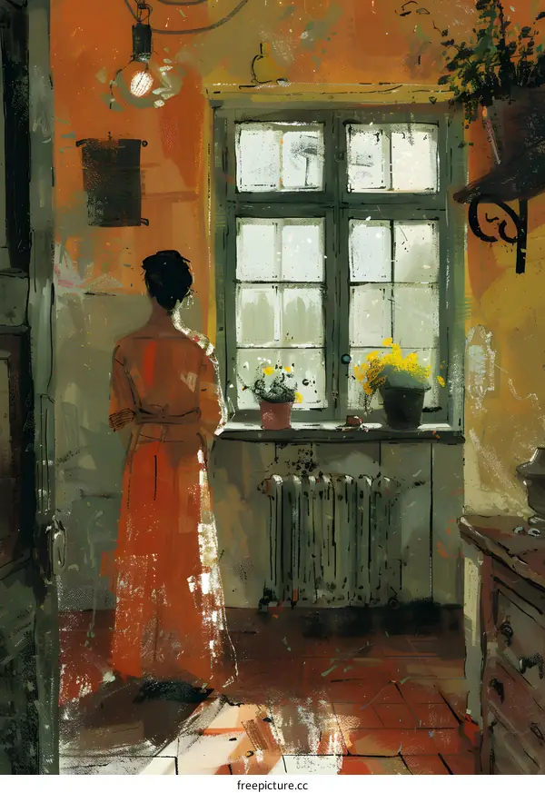 A woman standing in front of a window