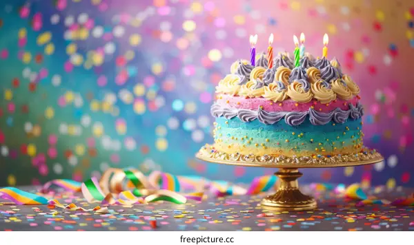 Birthday Cake with Candles, Confetti, Streamers