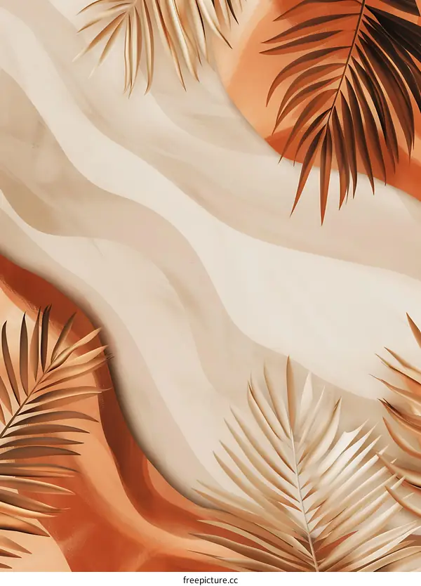 Palm Leaves on Abstract Background with Wavy Lines in Soft Tones