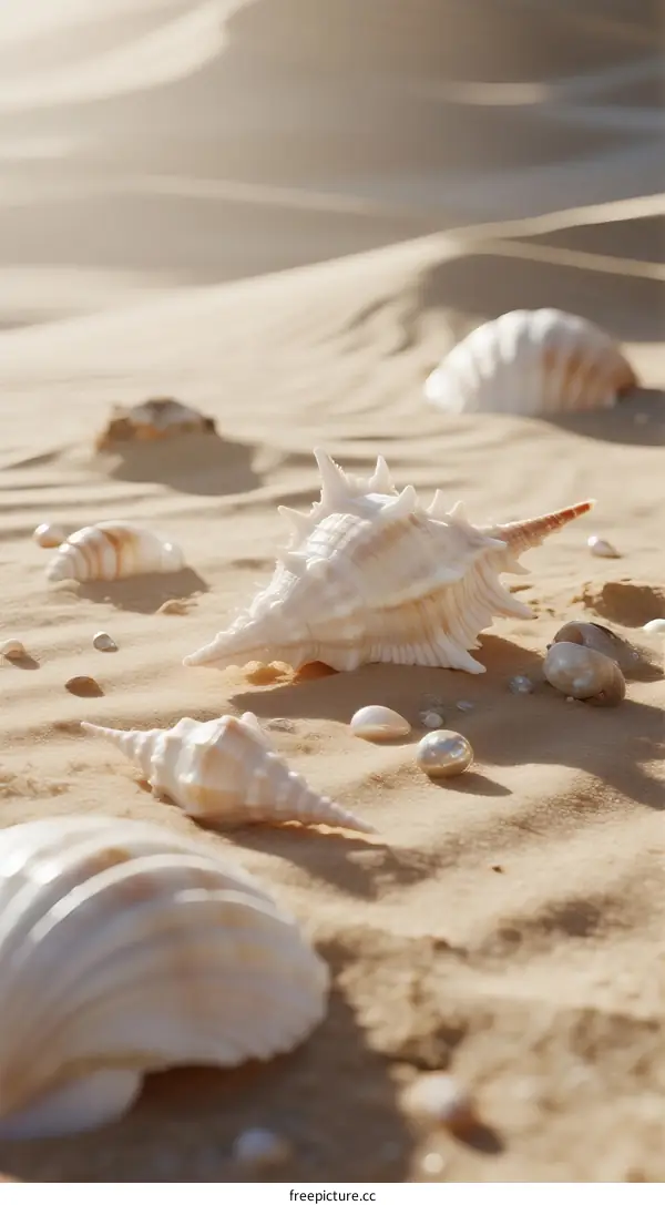 Seashells scattered across golden sand under warm sunlight