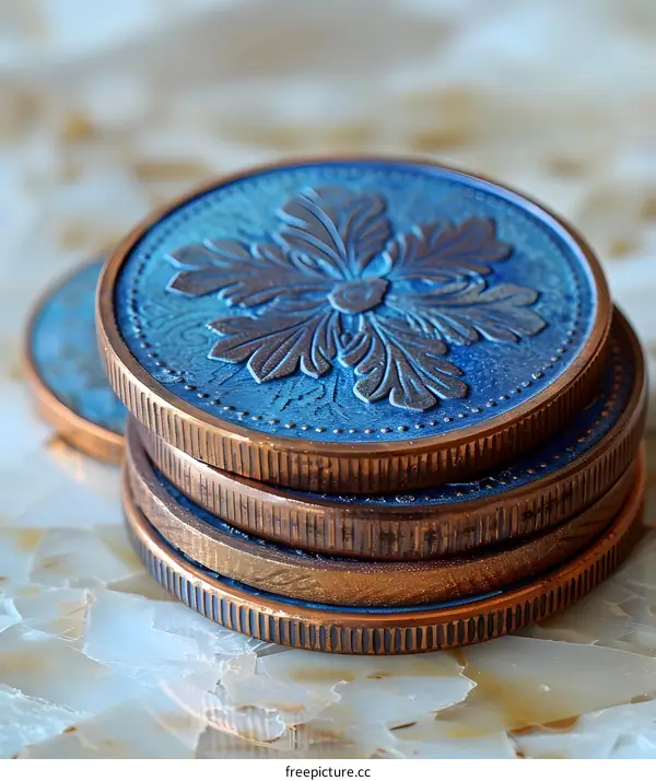 A stack of copper alloy and cloisonne coins