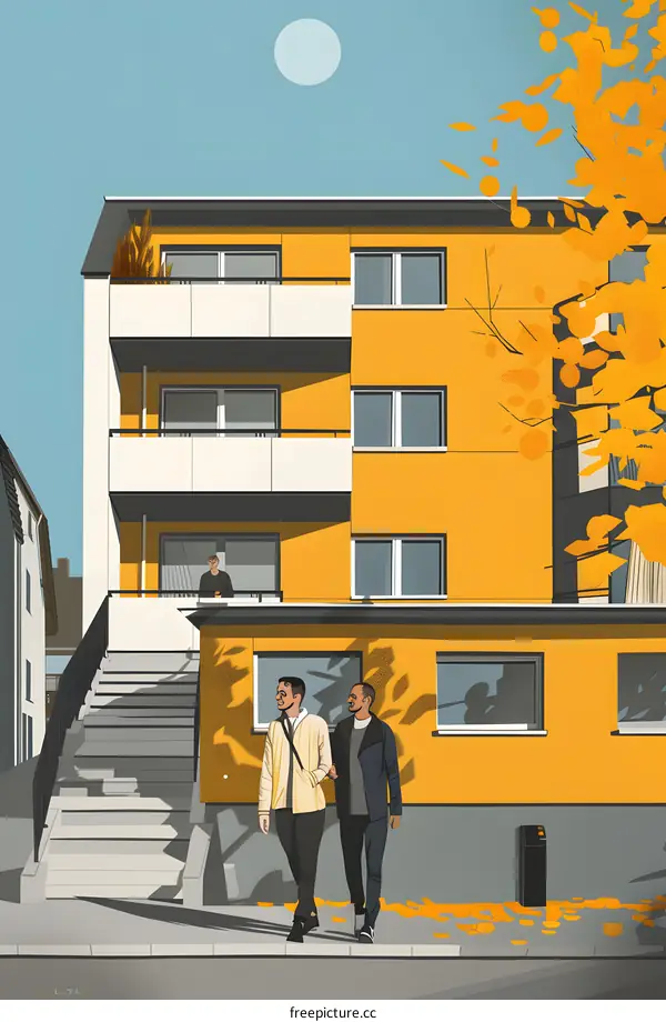 Two Men Walking Past Yellow Building In Autumn