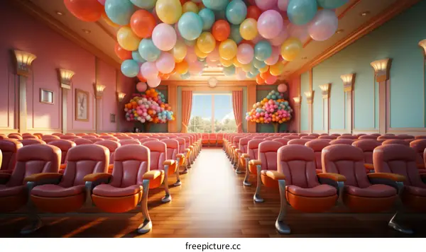 A large room with pink chairs and colorful balloons