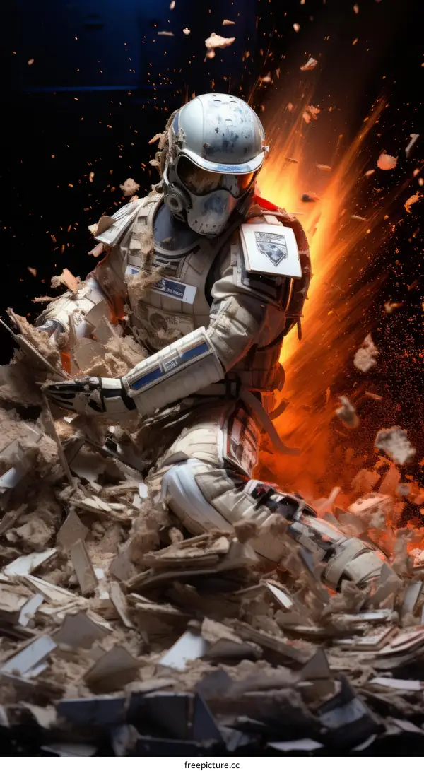 A soldier wearing a helmet and body armor is taking cover behind a pile of debris while an explosion occurs in the background