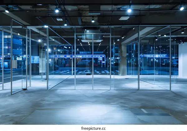 Empty Storefront with Glass Doors and City Lights Reflection