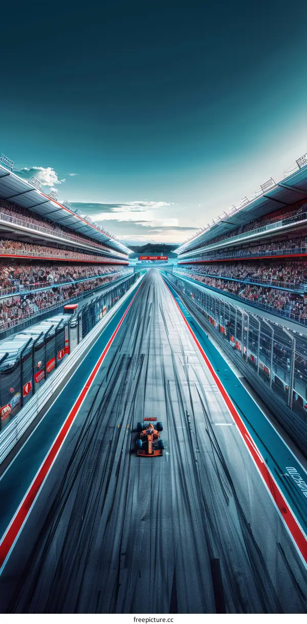 Formula One Car Racing on Track with Spectators in Grandstands