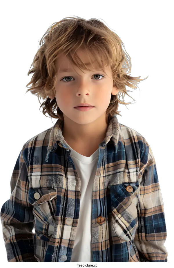 [Transparent Background PNG]Portrait of a boy with blond hair and green eyes wearing a plaid shirt
