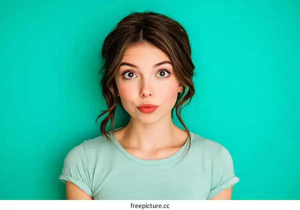 Woman Expressing Curiosity Against a Teal Background
