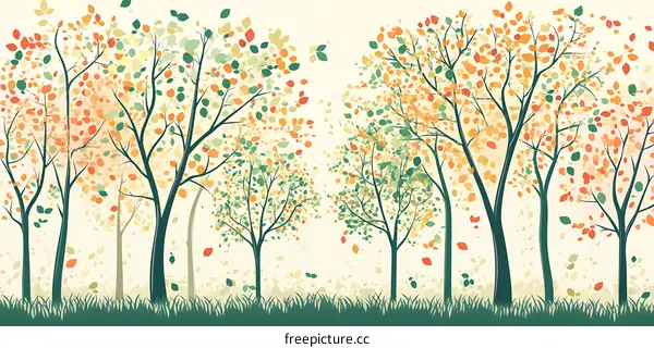 Autumn Trees Illustration With Falling Leaves