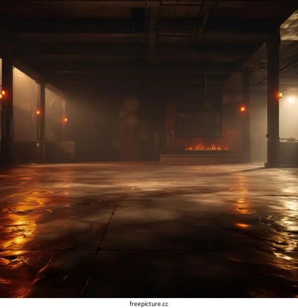 An empty room with concrete floor and brick walls