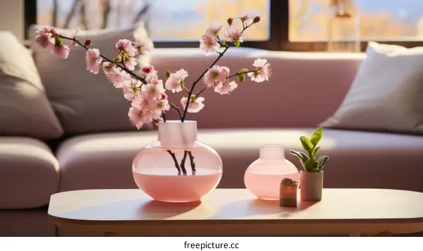 A beautiful living room with a vase of pink cherry blossoms
