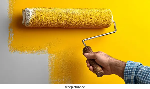 Painting a wall with a yellow roller