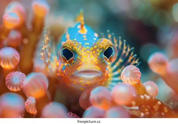 tiny fish with big eyes surrounded by pink and white sea anemones