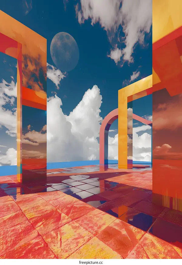 Abstract Surreal Landscape With Arches And Moon