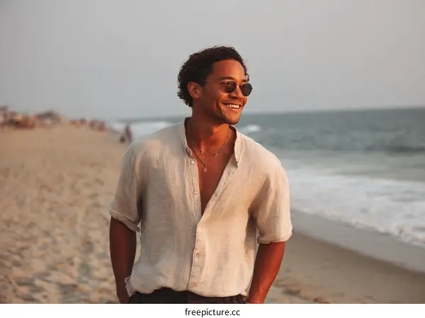 Man on Beach at Sunset in Light Beige Linen Shirt
