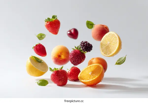 Colorful Fresh Fruits in Mid-Air Display