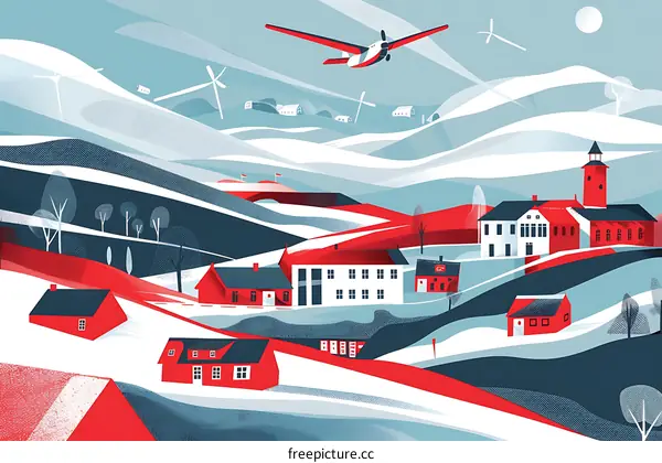 Winter Landscape Illustration with Red Houses and a Plane