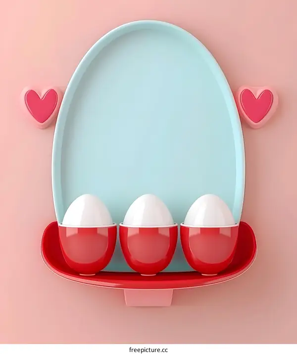 Three Eggs in Red Cups With a Blue Plate and Pink Hearts