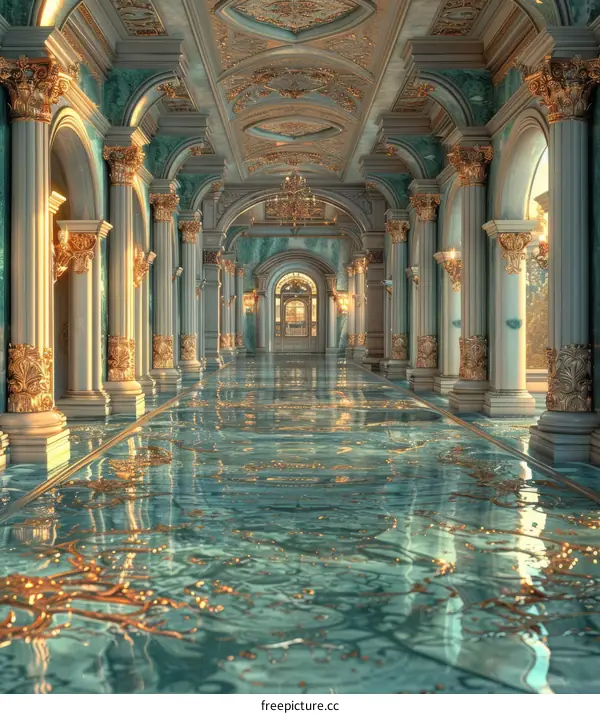 Reflective Marble Hallway with Golden Accents
