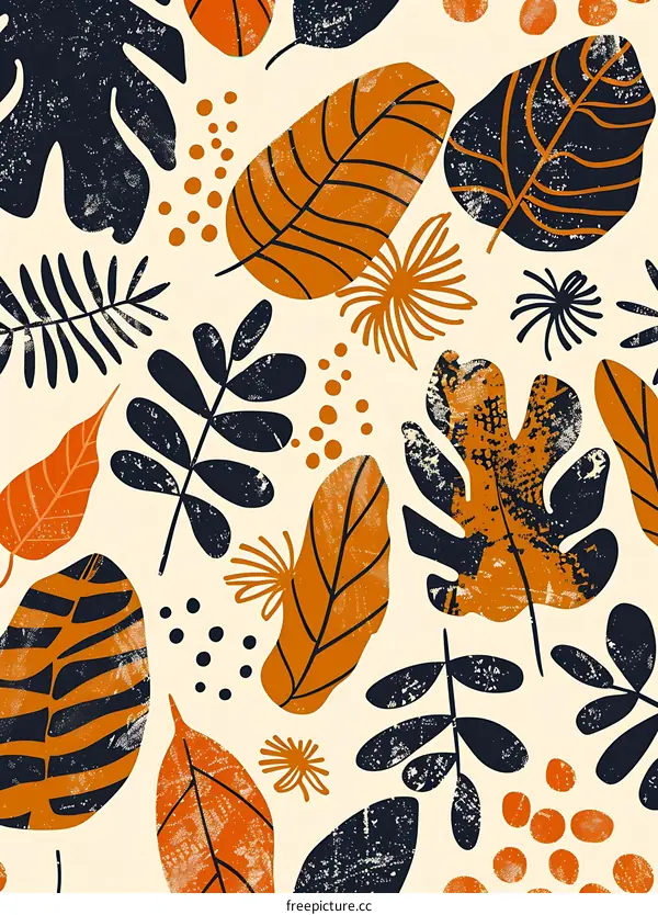 Orange and Blue Tropical Leaf Pattern