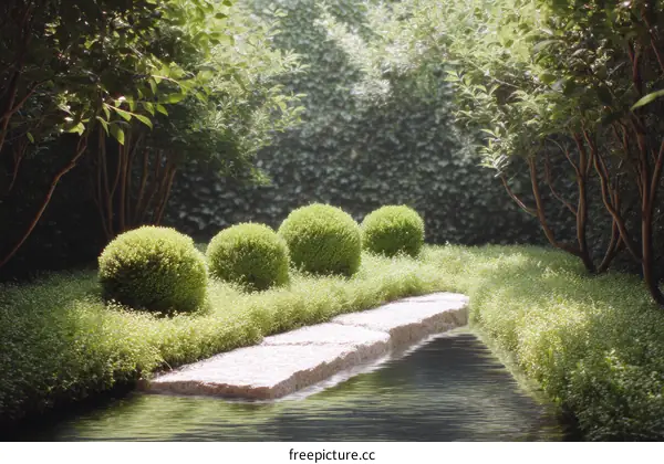 Serene Garden Pathway with Rounded Shrubs
