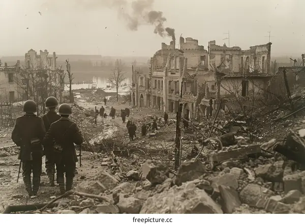 American soldiers walking through the ruins of St. Lo, France, 1944