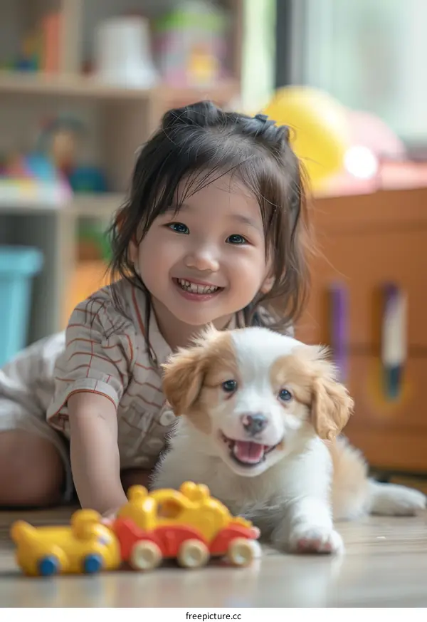 Asian toddler girl playing with a puppy