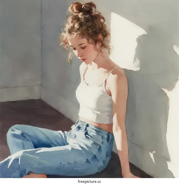 A Young Woman Sitting On The Floor With Curly Hair In A White Crop Top